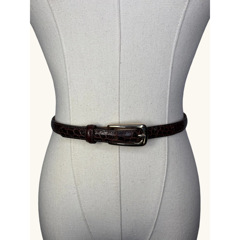 Coldwater Creek Womens Brown Croc Embossed Leather Skinny Belt Gold Buckle L